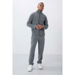 Tommylife 85193 Gri Melanj Dik Yaka Basic Fermuar Cepli Standart Kalıp Erkek Polar Eşofman Takımı