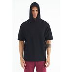 Tommylife 88179 Siyah Kapüşonlu Kol Etiket Detaylı Oversize Erkek T-Shirt