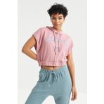 Tommylife 97230 Gül Kurusu Kapüşonlu Yazı Baskılı Beli Lastikli Bürümcük Kumaş Crop Top Kadın T-shirt