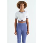 Tommylife 97266 Bel Bağlama Detaylı O Yaka Standart Kalıp Dalgıç Kumaş Beyaz Kadın Crop T-Shirt