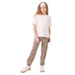TOMMYLIFE Ekru-Koyu Bej O Yaka Baskılı Lastik Paçalı Standart Fit Kız Çocuk Eşofman Takım - 75186