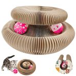 Tongboke Magic Organ kedi tırmalama tahtası, katlanabilir oluklu mukavva tırmalama kartonu, yuvarlak, 2 çan kedi oyuncağı, çizik, kediler için etkileşimli tırmalama oyuncağı, kedi oyuncağı