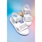 Tonny Black Çocuk Unisex Beyaz Gümüş Simli Çocuk Çift Cırtlı Simli Sandalet