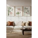Tontilika Lotus Çiçeği Ve Bambu 3’lü Modern Ahşap Çerçeveli Tablo Seti - Salon Dekoru