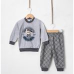 Tontiny Baby Penye Ekose Alt Melanj Üst Pijama Takımı 9-18 Ay %100 Pamuk (Tam Kalıp) - Gri