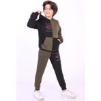 Toontoy Erkek Çocuk 2'li Takım Baskılı Kapüşonlu Cepli Sweatshirt & Beli Paçası Lastikli Cepli Jogger Eşofman Altı - Renk Bloklu & 2 Iplik - Haki - 13-14