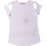 Toontoy Kids Kız Çocuk Awesome Nakışlı T-Shirt Beyaz - 7 Yaş