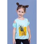 Toontoy Kids Kolları Detaylı Ananas Baskılı Su Yeşili Kız Çocuk T-shirt