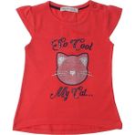 Toontoy Kız Bebek Simli Kedi Baskılı T-Shirt - 9 Ay - Nar Çiçeği