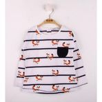 Toontoy Kız Bebek T-Shirt Çizgili Cepli Tilki Baskı Beyaz 2 YAŞ