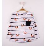 Toontoy Kız Bebek Tshirt Çizgili Cepli Tilki Baskı - 1 Yaş - Beyaz