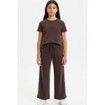 Toontoy Kız Çocuk 2'li Bel Stoper Lastik Detaylı Nakışlı Eşofman Takım - 10 - 11 Yaş - Kahverengi