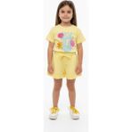 Toontoy Kız Çocuk 2'li Şortlu Takım Bisiklet Yaka Kısa Kollu Baskılı Tişört - Beli Lastikli Bağlamalı Cepli Paçası Fırfır Detaylı Şort 25015 - 4 Yaş - Açık Sarı