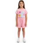 Toontoy Kız Çocuk 2'li Şortlu Takım Bisiklet Yaka Kısa Kollu Baskılı Tişört - Beli Lastikli Bağlamalı Cepli Paçası Fırfır Detaylı Şort 25015 - 4 Yaş - Pembe