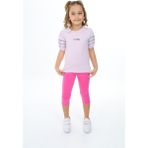 Toontoy Kız Çocuk 2'li Takım Baskılı Bisiklet Yaka Prenses Kol T-Shirt & Beli Lastikli Crop Tayt - Açık Lila - 5