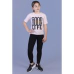 Toontoy Kız Çocuk 2'li Takım Baskılı Bisiklet Yaka T-Shirt & Basic Düz Tayt - Pudra - 10 Yaş