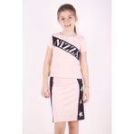 Toontoy Kız Çocuk 2'li Takım Baskılı Bisiklet Yaka T-Shirt & Basic Kalem Etek - Pudra - 10 Yaş