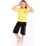 Toontoy Kız Çocuk 2'li Takım Baskılı Bisiklet Yaka T-Shirt & Beli Lastikli Cepli Kapri Şort - Yırtmaç Detaylı - Sarı - 12 - 13 Yaş