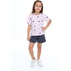 Toontoy Kız Çocuk 2'li Takım Baskılı Bisiklet Yaka T-Shirt & Beli Lastikli Cepli Şort - Açık Lila - 6