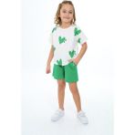 Toontoy Kız Çocuk 2'li Takım Baskılı Bisiklet Yaka T-Shirt & Beli Lastikli Cepli Şort - Çimen Yeşili - 5