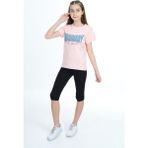 Toontoy Kız Çocuk 2'li Takım Baskılı Bisiklet Yaka T-Shirt & Beli Lastikli Crop Tayt - Açık Lila - 6 – 7 Yaş