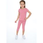 Toontoy Kız Çocuk 2'li Takım Baskılı Bisiklet Yaka T-Shirt & Beli Lastikli Crop Tayt - Gül Kurusu - 5