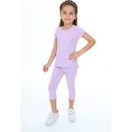 Toontoy Kız Çocuk 2'li Takım Baskılı Bisiklet Yaka T-Shirt & Beli Lastikli Crop Tayt - Lila - 6