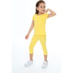 Toontoy Kız Çocuk 2'li Takım Baskılı Bisiklet Yaka T-Shirt & Beli Lastikli Crop Tayt - Sarı - 6