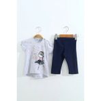 Toontoy Kız Çocuk 2'li Takım Baskılı Bisiklet Yaka T-Shirt & Beli Lastikli Kapri Şort - Gri - 3
