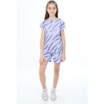 Toontoy Kız Çocuk 2'li Takım Baskılı Bisiklet Yaka T-Shirt & Beli Lastikli Şort - Açık Lila - 8 - 9 Yaş