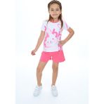 Toontoy Kız Çocuk 2'li Takım Baskılı Bisiklet Yaka T-Shirt & Beli Lastikli Şort - Fuşya - 3