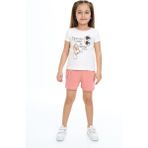 Toontoy Kız Çocuk 2'li Takım Baskılı Bisiklet Yaka T-Shirt & Beli Lastikli Tek Cepli Şort - Mercan