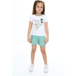 Toontoy Kız Çocuk 2'li Takım Baskılı Bisiklet Yaka T-Shirt & Beli Lastikli Tek Cepli Şort - Yeşil - 5