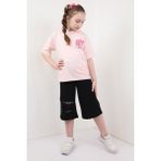 Toontoy Kız Çocuk 2'li Takım Baskılı Kapüşonlu Cepli T-Shirt & Beli Lastikli Kapri Şort - Lazer Kesim Detaylı - Pudra - 12 - 13 Yaş