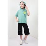 Toontoy Kız Çocuk 2'li Takım Baskılı Kapüşonlu Cepli T-Shirt & Beli Lastikli Kapri Şort - Lazer Kesim Detaylı - Yeşil - 12 - 13 Yaş