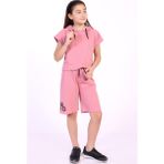 Toontoy Kız Çocuk 2'li Takım Baskılı Kapüşonlu T-Shirt & Beli Lastikli Kapri Şort - Gül Kurusu - 12 - 13 Yaş