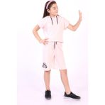 Toontoy Kız Çocuk 2'li Takım Baskılı Kapüşonlu T-Shirt & Beli Lastikli Kapri Şort - Pudra - 6 – 7 Yaş