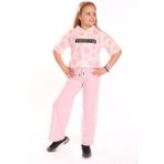 Toontoy Kız Çocuk 2'li Takım Baskılı Kısa Kollu Kapüşonlu Sweatshirt & Beli Lastikli Yanı Bantlı Bol Paça Eşofman Altı - 30/1 Penye - Açık Pembe - 8 - 9 Yaş