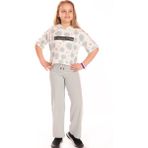 Toontoy Kız Çocuk 2'li Takım Baskılı Kısa Kollu Kapüşonlu Sweatshirt & Beli Lastikli Yanı Bantlı Bol Paça Eşofman Altı - 30/1 Penye - Gri - 8 - 9 Yaş