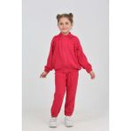 Toontoy Kız Çocuk 2'li Takım Dik Yaka Fermuarlı Reglan Kol Sweatshirt & Beli Paçası Lastikli Jogger Eşofman Altı - Fiyonk Detaylı & Dokuma Müslin - Fuşya