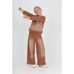Toontoy Kız Çocuk 2'li Takım Eskitme Baskılı Bisiklet Yaka Sweatshirt & Beli Lastikli Cepli Bol Paça Eşofman Altı - 2 Iplik - Kahverengi - 14 Yaş