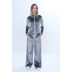 Toontoy Kız Çocuk 2'li Takım Fermuarlı Kapüşonlu Cepli Sweatshirt & Beli Lastikli Bol Paça Cepli Eşofman Altı - Garni Detaylı & Kadife - 6 - 7 Yaş - Gri