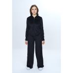 Toontoy Kız Çocuk 2'li Takım Fermuarlı Kapüşonlu Cepli Sweatshirt & Beli Lastikli Bol Paça Cepli Eşofman Altı - Şerit Detaylı & Kadife - 12 - 13 Yaş - Siyah