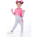 Toontoy Kız Çocuk 2'li Takım Kapüşonlu Cepli Sweatshirt & Beli Paçası Lastikli Jogger Eşofman Altı - Renk Bloklu & Bant Detaylı & 2 Iplik - Fuşya - 8