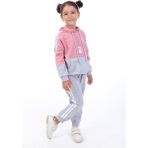 Toontoy Kız Çocuk 2'li Takım Kapüşonlu Cepli Sweatshirt & Beli Paçası Lastikli Jogger Eşofman Altı - Renk Bloklu & Bant Detaylı & 2 Iplik - Gül Kurusu - 5