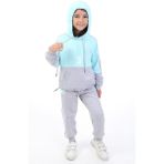 Toontoy Kız Çocuk 2'li Takım Kapüşonlu Cepli Sweatshirt & Beli Paçası Lastikli Jogger Eşofman Altı - Renk Bloklu & Bant Detaylı & 2 Iplik - Su Yeşili - 5