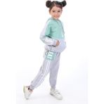 Toontoy Kız Çocuk 2'li Takım Kapüşonlu Cepli Sweatshirt & Beli Paçası Lastikli Jogger Eşofman Altı - Renk Bloklu & Bant Detaylı & 2 Iplik - Yeşil - 7