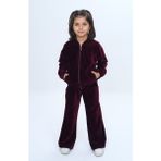 Toontoy Kız Çocuk 2'li Takım Kapüşonlu Fermuarlı Cepli Sweatshirt & Beli Lastikli Bol Paça Eşofman Altı - Kadife - 4 Yaş - Bordo