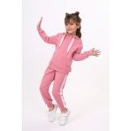 Toontoy Kız Çocuk 2'li Takım Kapüşonlu Sweatshirt & Beli Paçası Lastikli Cepli Jogger Eşofman Altı - Şerit Detaylı & 2 Iplik - Gül Kurusu - 3