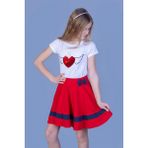 Toontoy Kız Çocuk 2'li Takım Pul Işlemeli Bisiklet Yaka T-Shirt & Bantlı Fiyonklu Volanlı Etek - Kırmızı - 10 Yaş